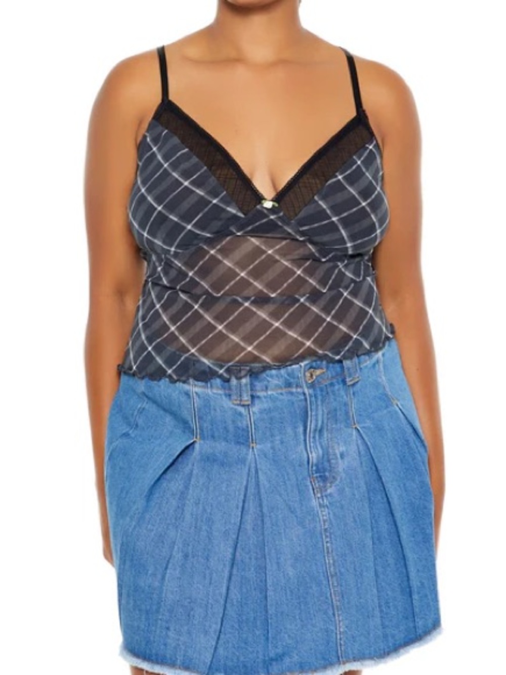 Forever 21 Plus Black and Gray Plaid Lace-Trim Cami (2023)